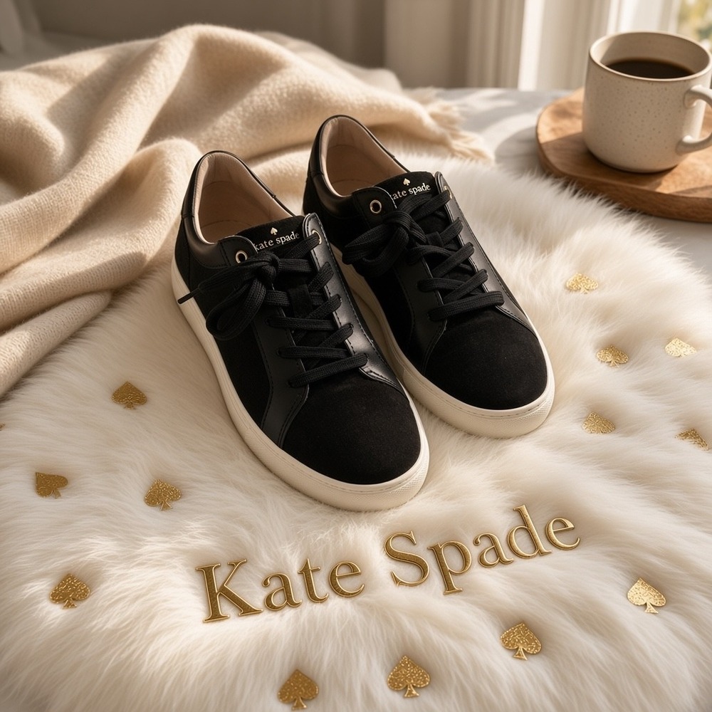 Kate Spade New York Dash Black Leather Suede Croc Low Top Sneakers Womens 7.5B